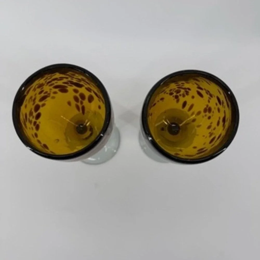 Set of 2 Amber Tortoise Shell Hand Blown Glass Wine Goblets Leopard Spotted 7.5